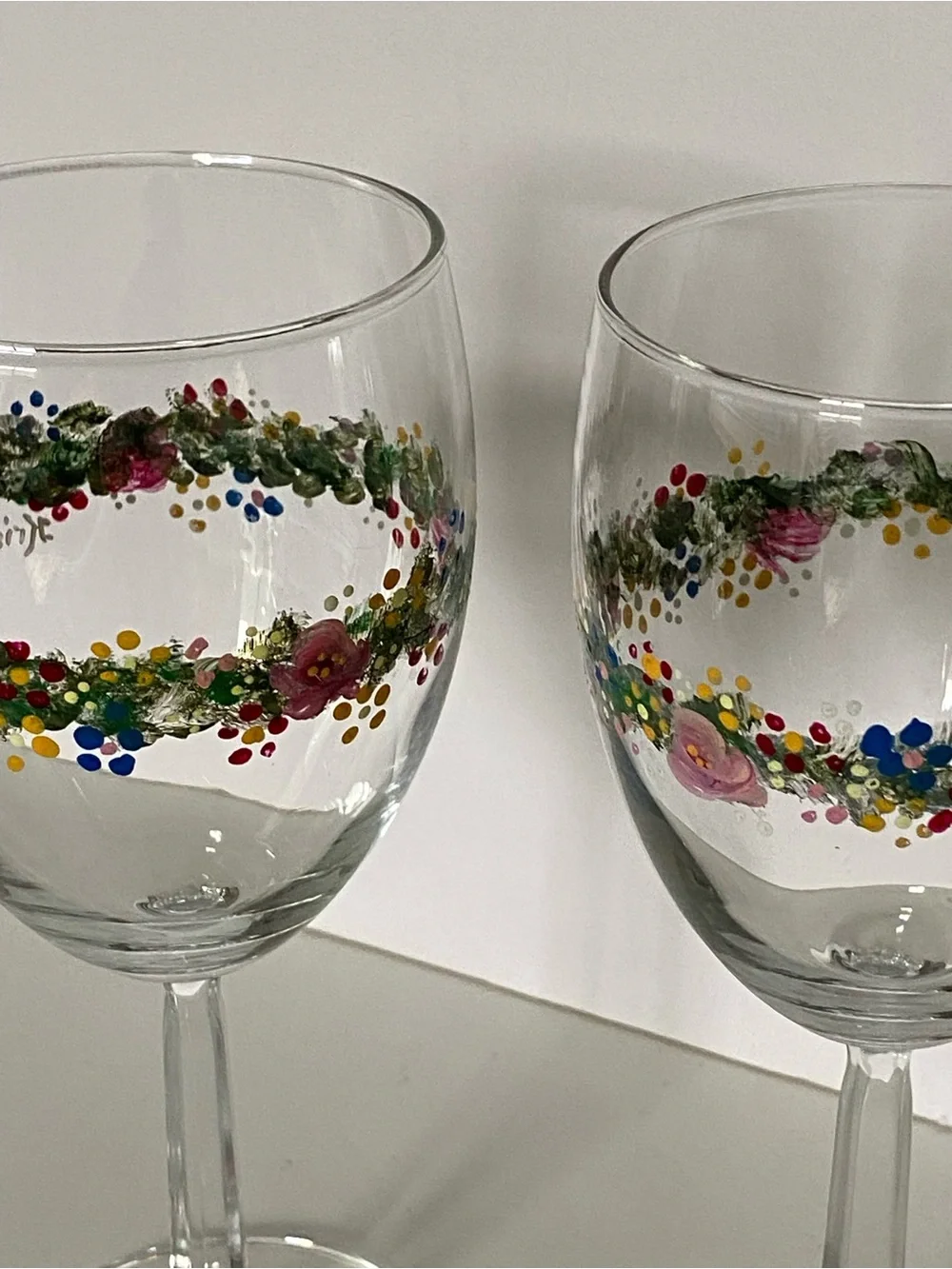 Hand Painted Wine Glasses Set of 2 Floral Flowers Garden Wedding 7” Glass Color